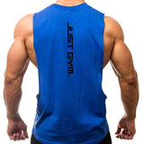 A muscular man from behind wearing a sleeveless blue tank top with "JUST GYM." printed vertically on the back.