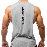 A muscular person wearing a sleeveless gray shirt, featuring "JUST GYM." printed vertically on the back.