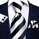 Men's 3 Pcs Elegant Formal Silk Tie Sets - Black/White - Stripes - SN276 - One Size - Silk - image 15