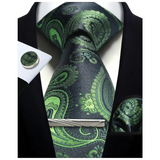 Men's 4 Pcs Tie Clip Cufflinks Hanky Sets - Green - 20 - One Size - Polyester - image 3