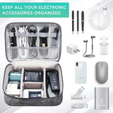 A zippered case neatly organizing various electronic accessories, including chargers, cables, headphones, and a power bank.
