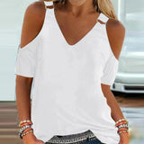 Women's Cut Out Buckle Strap Summer Top - White - Cut Out Shirt - XXL - Polyester - image 24