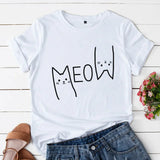 Women's Cute Meow Cat Printed T-Shirt - White - Meow Shirt - 5XL - Polyester - image 1