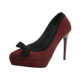 Women's Suede Bow Tie Platorm Heels - Wine Red - 12cm Heel - 42 B - PU Suede Leather - image 49