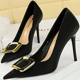 Women's Square Buckle Pointed Toe Pumps - Black - Formal Shoes - 40 B - PU Leather - image 5