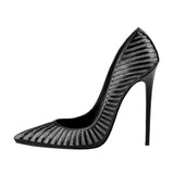 Women's Classic Black Striped Stiletto Pumps - Black - 12cm Heel - 46 B - PU Leather - image 5