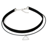 A black choker necklace with a thin cord attached to a triangle pendant. It has an adjustable silver clasp, creating a minimalist and modern look.