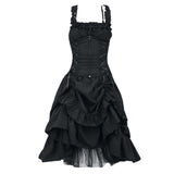 Black gothic dress featuring a fitted corset top with laces and ruffle straps. The layered, cascading skirt adds elegance and a dramatic flair.
