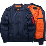 Dark blue bomber jacket with a shiny finish, featuring an orange quilted lining. Two side pockets and a zippered arm pocket add functional details.