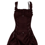 Dark brown gothic-style bustier with ruffled straps and corset lacing. The design features a zipper front and ruched material, giving an elegant, vintage look.
