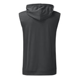 Dark gray sleeveless hoodie seen from the back, showing a smooth texture and a relaxed fit. The hood is up, conveying a casual, sporty vibe.