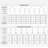 Dress size chart displaying measurements in inches and centimeters for standard sizes S to XL and plus sizes 14W to 26W, including bust, waist, hips, and hollow to floor.