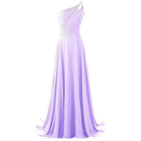 Elegant lavender one-shoulder gown with flowing chiffon layers. Features sparkling embellishments at the waist. Soft, graceful, and sophisticated tone.