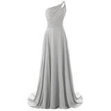 Elegant light gray one-shoulder gown with a beaded waist and pleated bodice. The flowing skirt creates a graceful and sophisticated look.