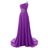 Elegant purple gown with a one-shoulder design, adorned with silver embellishments on the bodice. Flowing skirt creates a graceful and sophisticated look.