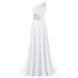 Elegant white one-shoulder gown with silver embellishments at the waist and shoulder, featuring a flowing, floor-length skirt. Classic and sophisticated.