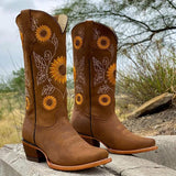Women's Embroidered Flower Cowboy Boot - Brown - Coffee Brown / Flower Cowboy Boots - 42 B - PU Leather - image 4