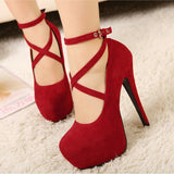 Women's Criss Cross Ankle Strap Platforms - Red - Suede / Stiletto Pumps - 46 B - Suede/PU Leather - image 3