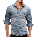 Men's Slim Fit Long Sleeved Denim Shirts - Blue - Dark Blue / Denim Shirt - 3XL - Polyester Denim - image 24