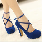 Women's Criss Cross Ankle Strap Platforms - Red - Suede / Stiletto Pumps - 46 B - Suede/PU Leather - image 8