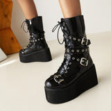 Women's Buckle Wedge Platform Boots - Black - Gothic Mid Calf Boots - 43 B - PU Leather - image 5