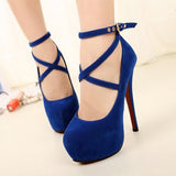 Women's Criss Cross Ankle Strap Platforms - Red - Suede / Stiletto Pumps - 46 B - Suede/PU Leather - image 5