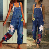 Women's Floral Denim Suspender Overalls - Blue - Dark Blue / Flower Overalls - XXXXXL - Polyester Denim - image 2