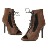 Women's Open Toe Lace Up Granny Boots - Brown - Open Toe Mesh Granny Boots - 46 B - PU Leather - image 35