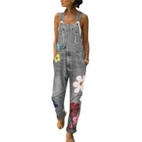 Women's Floral Denim Suspender Overalls - Grey - Flower Overalls - XXXXXL - Polyester Denim - image 9