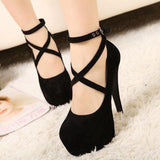 Women's Criss Cross Ankle Strap Platforms - Red - Suede / Stiletto Pumps - 46 B - Suede/PU Leather - image 12