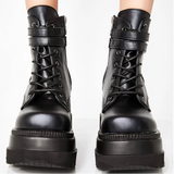 Women's High Platform Buckle Ankle Boots - Black - Ankle Wedge Boot - 43 B - PU leather - image 15