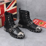 Men's Leather Gothic Rivet Ankle Boots - Black - Biker Ankle Boot - 44 B - Genuine Leather - image 4