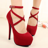 Women's Criss Cross Ankle Strap Platforms - Red - Suede / Stiletto Pumps - 46 B - Suede/PU Leather - image 24