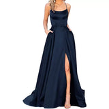Women's Elegant Long Satin Prom Dress - Navy - Spaghetti Strap Evening Dress - 22W - Satin - image 22