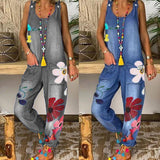 Women's Boho Denim Flower Print Romper - Blue - Jumpsuit - 5XL - Polyester Denim - image 12