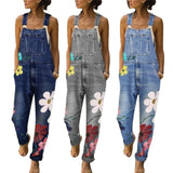 Women's Floral Denim Suspender Overalls - Blue - Dark Blue / Flower Overalls - XXXXXL - Polyester Denim - image 1