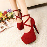 Women's Criss Cross Ankle Strap Platforms - Red - Suede / Stiletto Pumps - 46 B - Suede/PU Leather - image 23