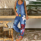 Women's Boho Denim Flower Print Romper - Blue - Jumpsuit - 5XL - Polyester Denim - image 9