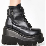 Women's High Platform Buckle Ankle Boots - Black - Ankle Wedge Boot - 43 B - PU leather - image 14