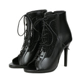 Women's Open Toe Lace Up Granny Boots - Black - Open Toe Mesh Granny Boots - 46 B - PU Leather - image 20