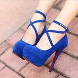 Women's Criss Cross Ankle Strap Platforms - Red - Suede / Stiletto Pumps - 46 B - Suede/PU Leather - image 2
