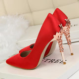 Metal Carved Heels - Black - Embossed Heel Stilettos - 10 B - Silk/PU Leather - image 16