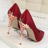 Metal Carved Heels - Black - Embossed Heel Stilettos - 10 B - Silk/PU Leather - image 13