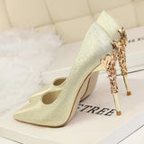 Metal Carved Heels - Black - Embossed Heel Stilettos - 10 B - Silk/PU Leather - image 22