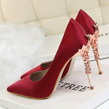 Metal Carved Heels - Black - Embossed Heel Stilettos - 10 B - Silk/PU Leather - image 14