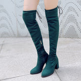 Women's Thigh High Square Mid Heel Boots - Green - Over Knee Boots - 17 B - PU Suede Leather - image 4