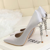 Metal Carved Heels - Black - Embossed Heel Stilettos - 10 B - Silk/PU Leather - image 19