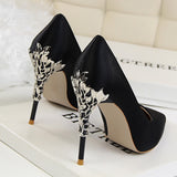 Metal Carved Heels - Black - Embossed Heel Stilettos - 10 B - Silk/PU Leather - image 4