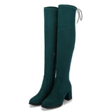 Women's Thigh High Square Mid Heel Boots - Green - Over Knee Boots - 17 B - PU Suede Leather - image 50