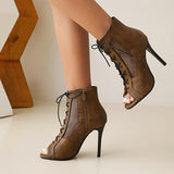 Women's Open Toe Lace Up Granny Boots - White - Open Toe Mesh Granny Boots - 46 B - PU Leather - image 33